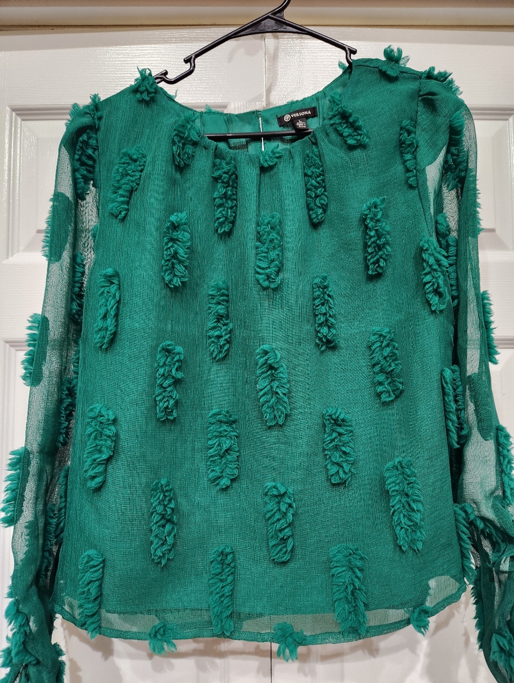 Versona Emerald Green Textured Sheer Long-Sleeve Blouse